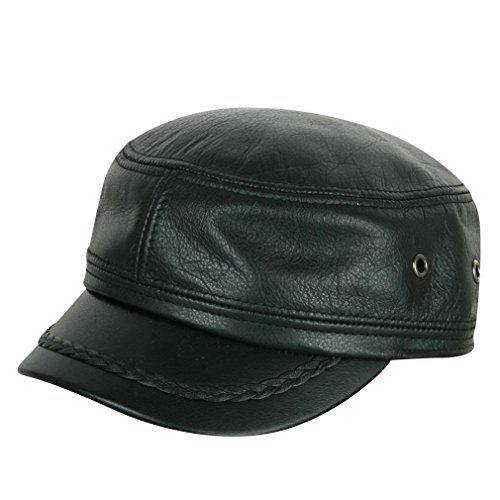 ililily Genuine Leather Braid Detail Military Cap Flex Fit Flat Top Black Hat