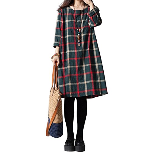 秋 色 チェック 柄 リネン ミディ丈 チュニック ワンピース レディース 麻 レトロ クラシック 長袖 膝丈 A ライン ワンピ