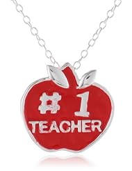 Sterling Silver "#1 Teacher" Apple Pendant Necklace, 18"