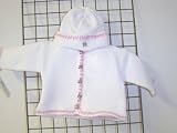 Ck673bk, Knitted on Hand Knitting Machine Bleached White Cardigan Sweater, Hat Trimmed By Hand Crochet with Fushia Cotton, and Blanket for Newborns and Infants