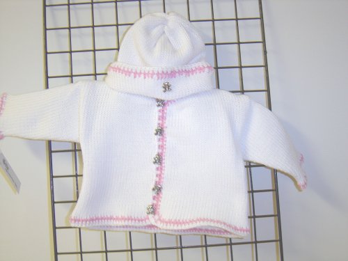 Ck673bk, Knitted on Hand Knitting Machine Bleached White Cardigan Sweater, Hat Trimmed By Hand Crochet with Fushia Cotton, and Blanket for Newborns and Infants