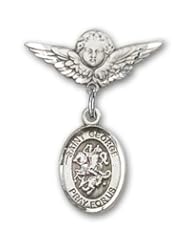 Sterling Silver Baby Badge with St. George Charm and Angel with Wings Badge Pin