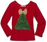 Haven Girls 2-6X Long Sleeve Soutache Xmas Tree Tee, Get Red, 3