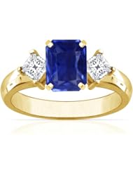 18K Yellow Gold Emerald Cut Blue Sapphire Three Stone Ring
