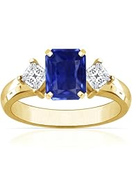 14K Yellow Gold Emerald Cut Blue Sapphire Three Stone Ring