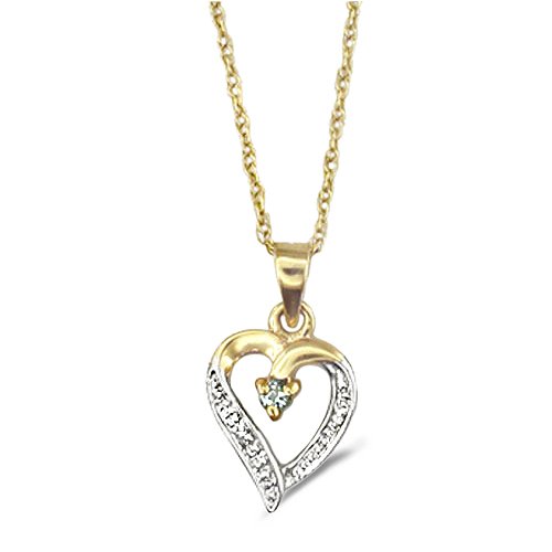 9ct Yellow Gold Ladies Heart Shape March Birthstone Pendant set with Aquamarine and 1pt of Diamond on 18 Prince of Wales Chain