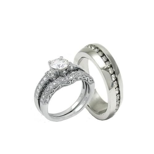 His Hers 3 Pieces 925 Sterling Silver Stainless Steel Engagement Wedding Ring Set Size Mens 10 Womens 10