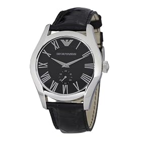 Emporio Armani Gents Black Leather Strap Watch with Black Dial