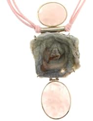 Sterling Silver Handmade Pendant Necklace with An Oval Rose Quartz stone 28x23 mm, an Irregular Shape Druzy stone 45x43mm ,and an oval Shape Rose Quartz stone 35x28 mm ,The pendant attached in a cord with sterling silver lobster clasp, Sold individual.