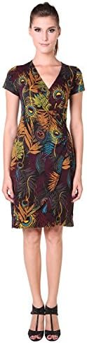 Chic Mariposa Surplice Semi Wrap V Neck Peacock Printed Women's Summer Dress - Deep Purple - S
