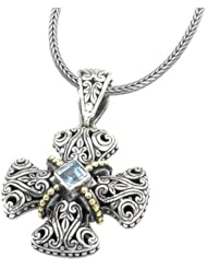 925 Silver & Blue Topaz Pattee Design Celtic Cross Pendant with 18k Gold Accents