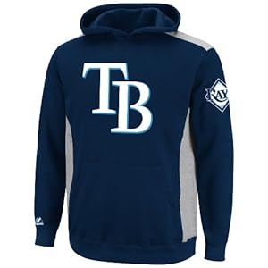 MLB Youth Tampa Bay Rays Lil Catcher Athletic Navy/Steel Heather Long Sleeve Hooded Fleece Pullover By Majestic (Athletic Navy/Steel Heather, Large)
