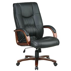 Leather High Back Chair With Cherry Finish Wood Base And Padded Arms By Office Star