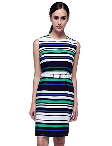 OMEYA.WANSHIDA.Women Office Sleeveless Belt Stripe Bodycon Pencil Mini Dress