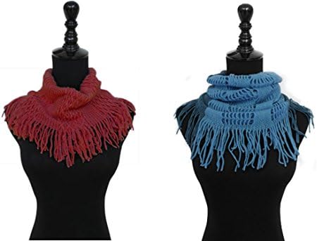 2 Pack Top Red &amp; Two Tone Blue New Warm Lightweight Cable Knit Fringe Wide Fashion Infinity Scarf Women Teen Girls FashionNut Unusual Unique Fun Stocking Stuffer Christmas Gift Idea