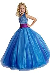 Girls V-neck Halter Floor Length  Crystals Sequined Lace Crystal Organza  Ball Gown Pageant Dress 