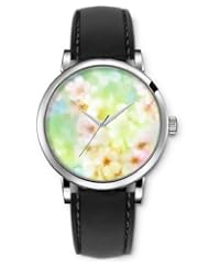 SPRAWL Aanalog Fashion Series Silver Ladies Watches of Genuine Black Leather Strap,Unique Wrist Watch for Women Girls Designed with white Flowers