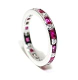 Platinum Full Circle Wedding or Stacking Band set with Baguette Shape Pink Ruby Alternating with Round Brilliant Shape Diamond Ring Size 6.5 (T.w 1.80)