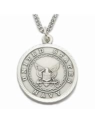 Sterling Silver 1" Round Engraved U.S. Navy Medal w/ St. Michael on Back on 24" Chain