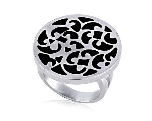 Womens Stainless Steel Black Enamel Filigree Band Ring, Size 8