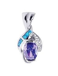 Silver With Rhodium Finish Shiny Textured Fancy Created Opal Pendant With Oval Amethyst Stone