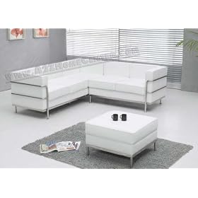Exclusive Modern Contemporary Le Corbusier Style White Leather Sectional Sofa and Ottoman Set