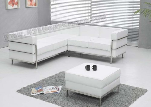 White Leather Le Corbusier Style Sectional Sofa with Ottoman Set