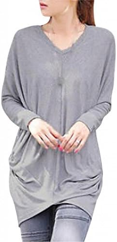 Bepei Women's Casual V Neck Wrap Draped Front Loose Plain Blouse Top Tee T-shirt Grey