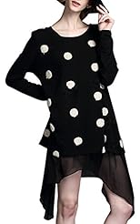 Asymmetric Long Sleeves Round Neck Polka Dot Print Chiffon/Cotton Tunic 