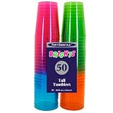 50 Count Neon Brights Blacklight Reactive Heavyweight Reusable 10 Ounce Plastic Cups - Tall Tumbers