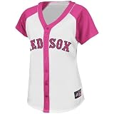 MLB Women's Boston Red Sox Short Sleeve 5 Button Synthetic Replica Baseball Jersey (White/Pink Splash, XX-Large)