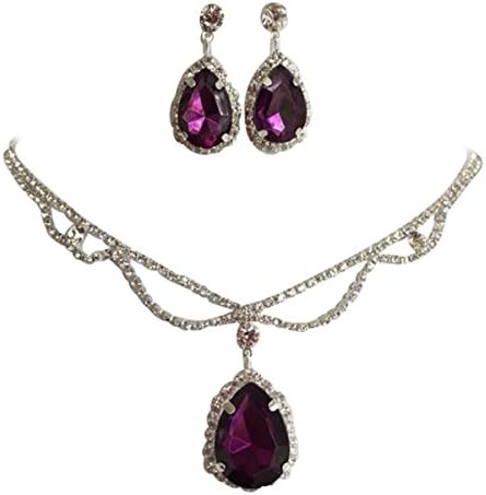 Eggplant Plum Purple Statement Teardrop Bridal Bridesmaid Necklace Earring Set Silver Tone D5
