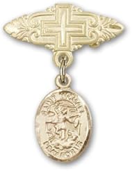 14K Gold Baby Badge with St. Michael the Archangel Charm and Badge Pin with Cross