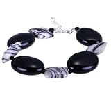 EXP Handmade Zebra Jasper & Black Crystal Bead Bracelet With Sterling Silver