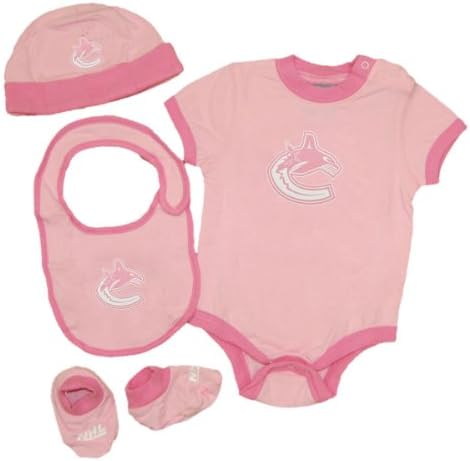 Vancouver Canucks Baby 4-pc Creeper-Bib-Bootie-Beanie Set (Pink) - Size 3-6 Months