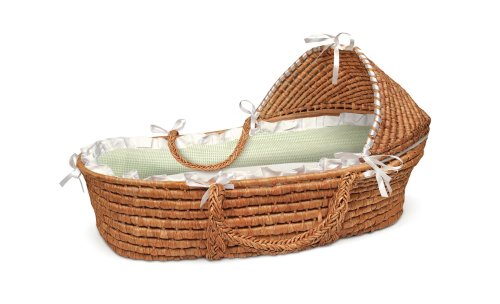 Honey Hooded Baby Moses Basket with Sage Gingham