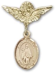 Gold Filled Baby Badge with St. Amelia Charm and Angel with Wings Badge Pin