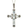 Blue Topaz Marcasite Cross Pendant Necklace
