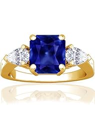 14K Yellow Gold Emerald Cut Blue Sapphire Three Stone Ring