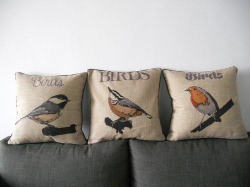 Decorbox 3 Pieces Decorative Cotton Linen Square Throw Pillow Case Cushion Cover Throw Pillow Shell Pillowcase with Black Border Bird 18 "X18 "