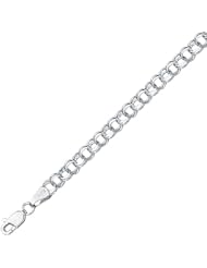 14K 07" White Gold Polish Diamond Cut Double Link Charm Bracelet With Lobster Clasp