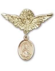 14K Gold Baby Badge with St. Matilda Charm and Angel with Wings Badge Pin