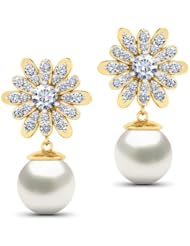 Diamond (0.65 Ct, IJ-SI), 18 Kt Yellow Gold Dahlia Diamond & Pearl Drops