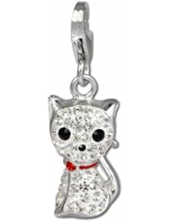 SilberDream Glitter Charm cat with white Czech crystals 925 Sterling Silver Charms Pendant with Lobster Clasp for Charms Bracelet, Necklace or Earring GSC506W