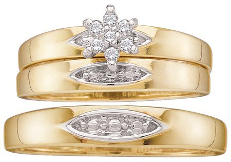 Men's Ladies 10K Yellow Gold .1CT Round Cut Diamond Wedding Engagement Bridal Trio Ring Set