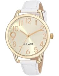 Nine West Womens NW/1582CHWT Gold-Tone Easy-to-Read Dial Thin White Strap Watch