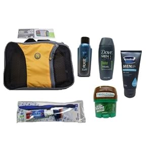 Men's Toiletry Travel Kit, Includes: Lewis N' Clark Packing Cube (YELLOW), Dr. Fresh Toothbrush With Toothpaste (.85 Oz), Dove Men   Care Body & Face Wash (1.8 Fl Oz), Axe Primed Just Clean Shampoo (1.7 Fl Oz) And More!!!!