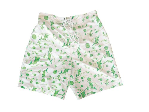 White with Green Print Marlin Print Board Shorts with Drawstring
