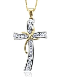 10k White and Yellow Gold Cross Diamond Pendant Necklace (GH, I1-I2, 0.25 carat)