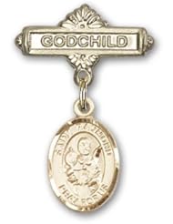 Gold Filled Baby Badge with St. Raymond Nonnatus Charm and Godchild Badge Pin